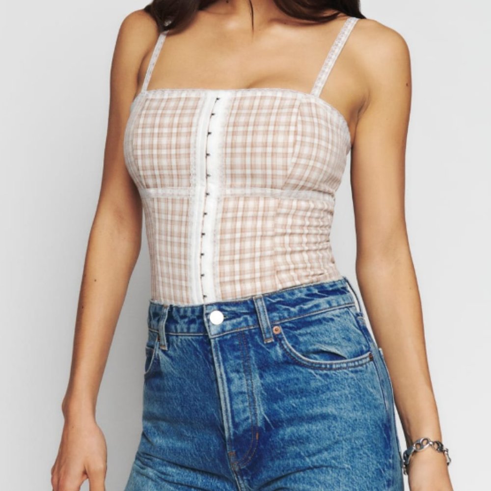 Reformation Nadine Top in Brown Plaid - NWT